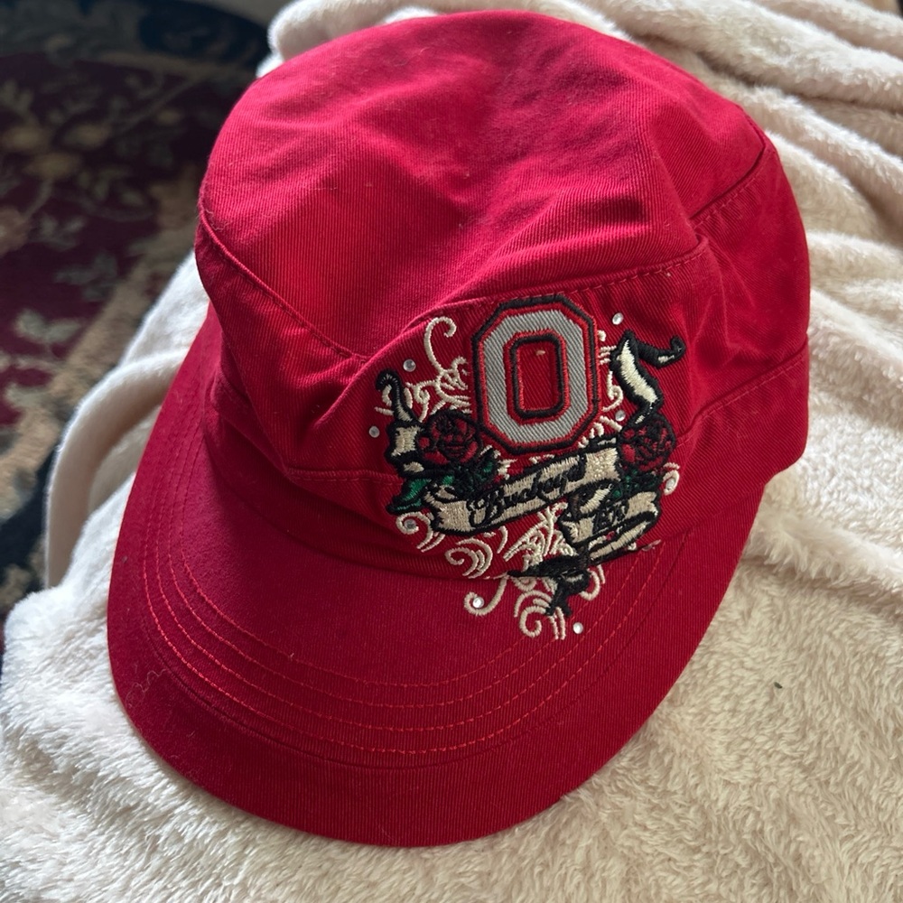 Ohio State Red Embroidered Women's Trucker Style Cap with Floral 'O' Accent